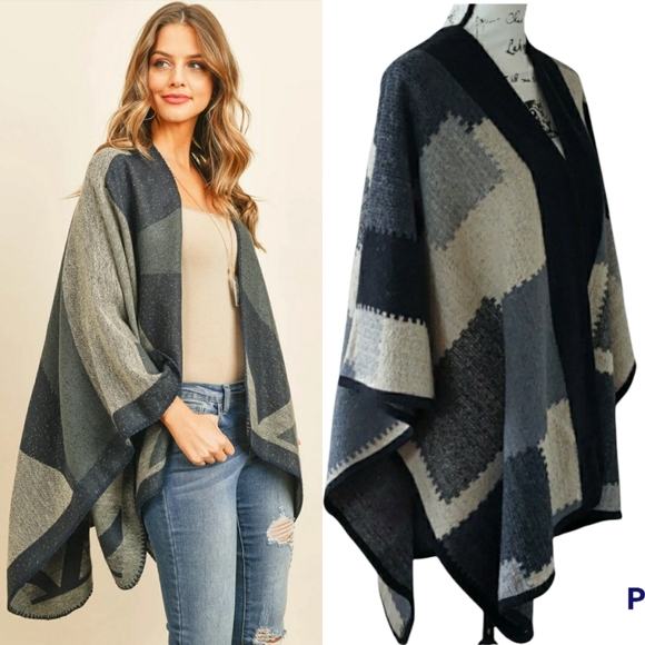 Jackets & Blazers - Gray Plaid Women WOOL Blend Open Front Boho Cape Wrap Sweater Coat